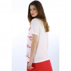 T-shirt marin femme sérigraphie cordage blanc/bleu